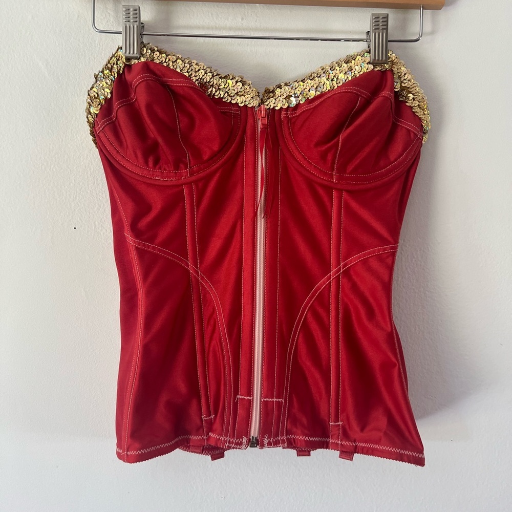 Lady Marlene Vintage Red With Gold Shimmer Sequin Detail Strapless Corset 34D